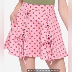 Hot Topic Pink Strawberry Print Lace-Up
Mini Skirt Medium